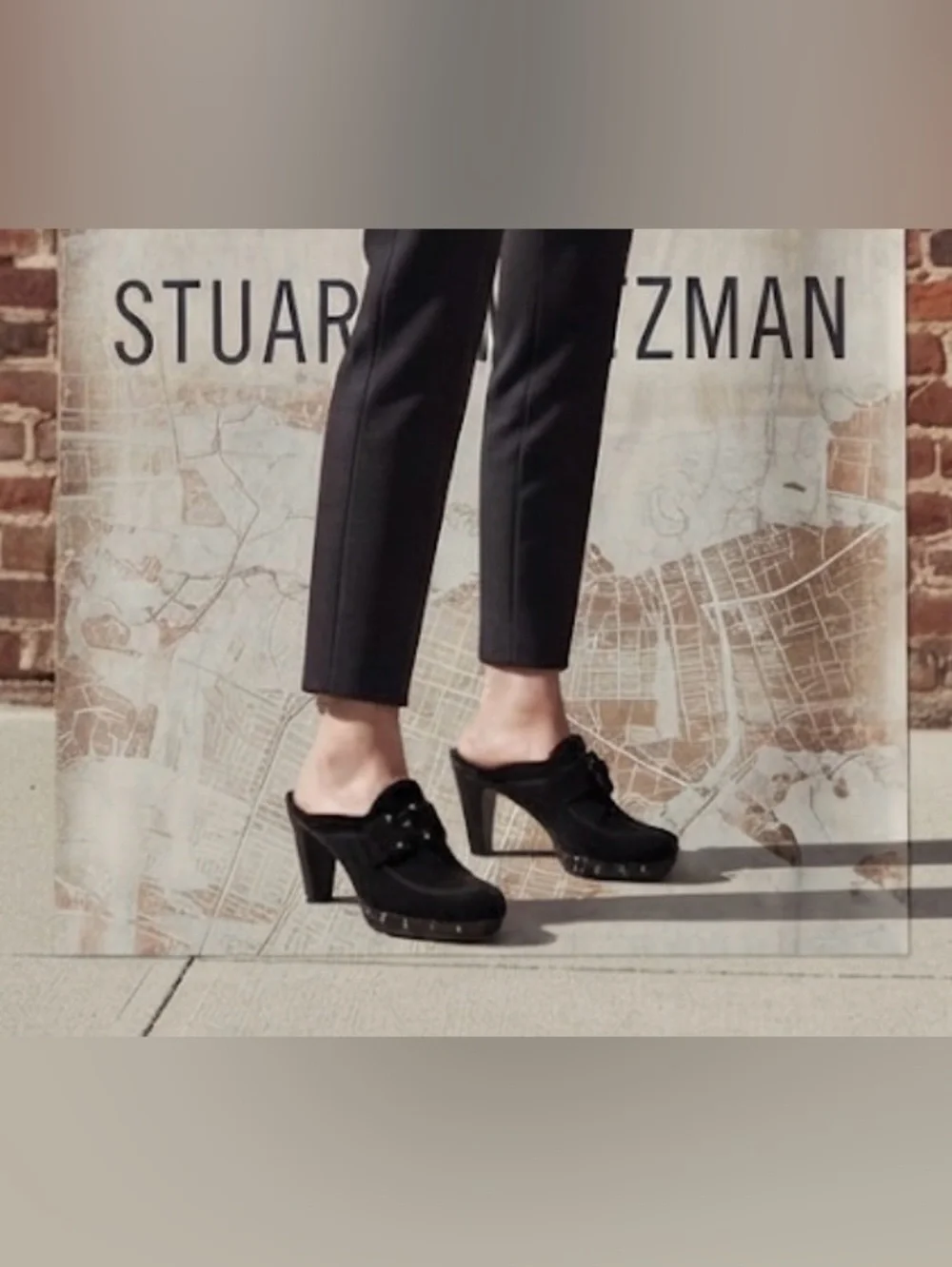 Authentic Stuart Weitzman designer black suede leather mules clog type heels 8